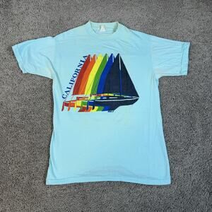 Vintage 80s California Shirt Mens S Blue Sailboat Rainbow Sun Sportswear